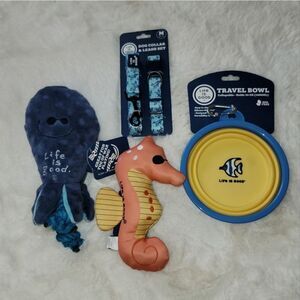 Life is Good Puppy Dog Toys Collapsible Feeding Water Bowl Leash & Collar M New